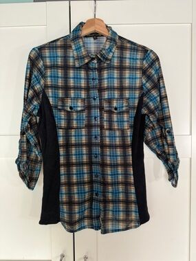 Casual Plaid Button-Down Shirt in Teal, Brown & Black B4